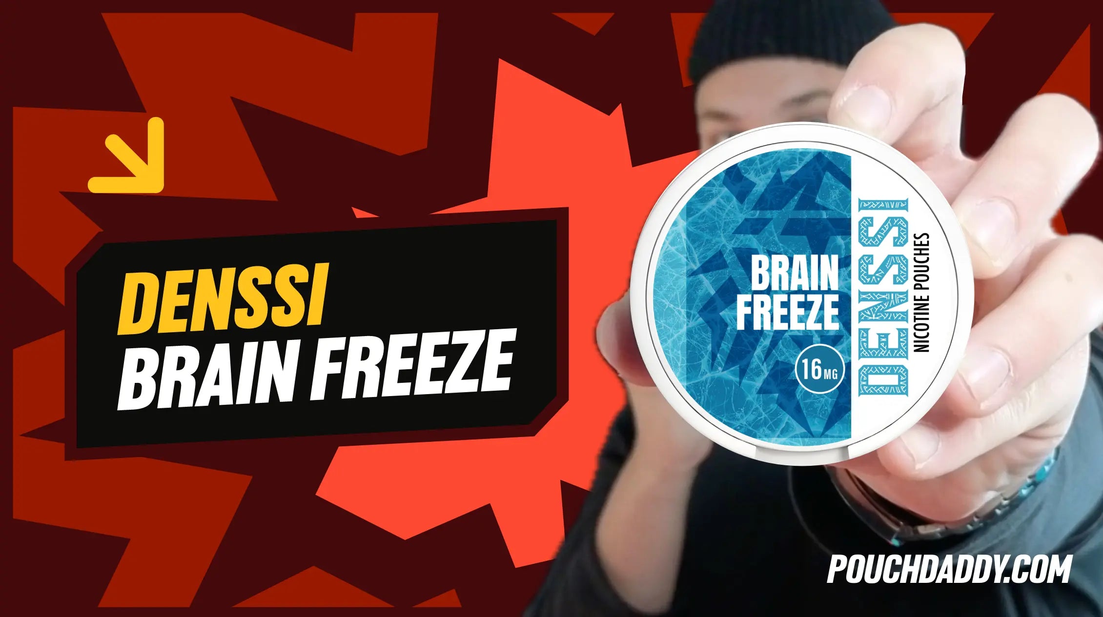 Video thumbnail a guy holding a can denssi brain freeze nicotine pouches on a red background