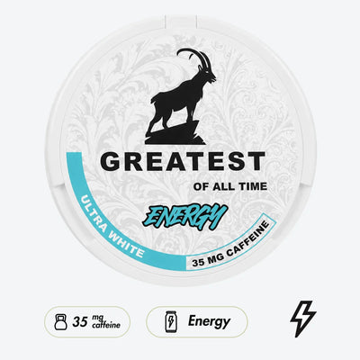 Caffeine product packaging with a silhouette of a goat and text on a white background