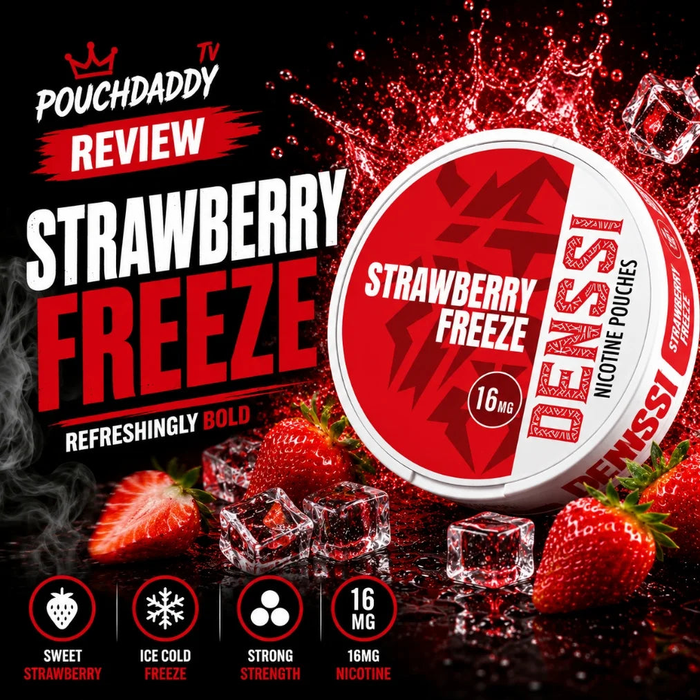 video thumbnail on denssi 
strawberry freeze snus can on a 
red background